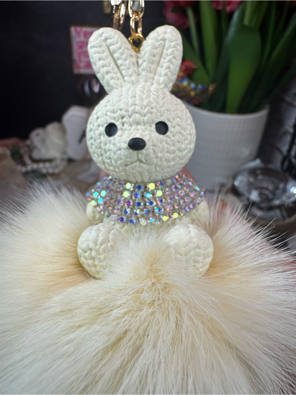 Ivory Bunny Pom Keychain with Sparkle Collar - Women Accessories - Picture 3 of 4
